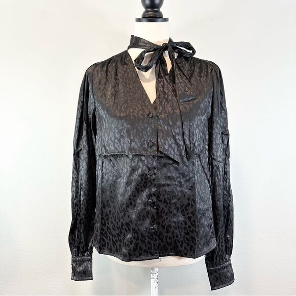 NWT Six/Fifty Black Leopard Print Button Down Blouse Tie Neck S - Picture 1 of 9